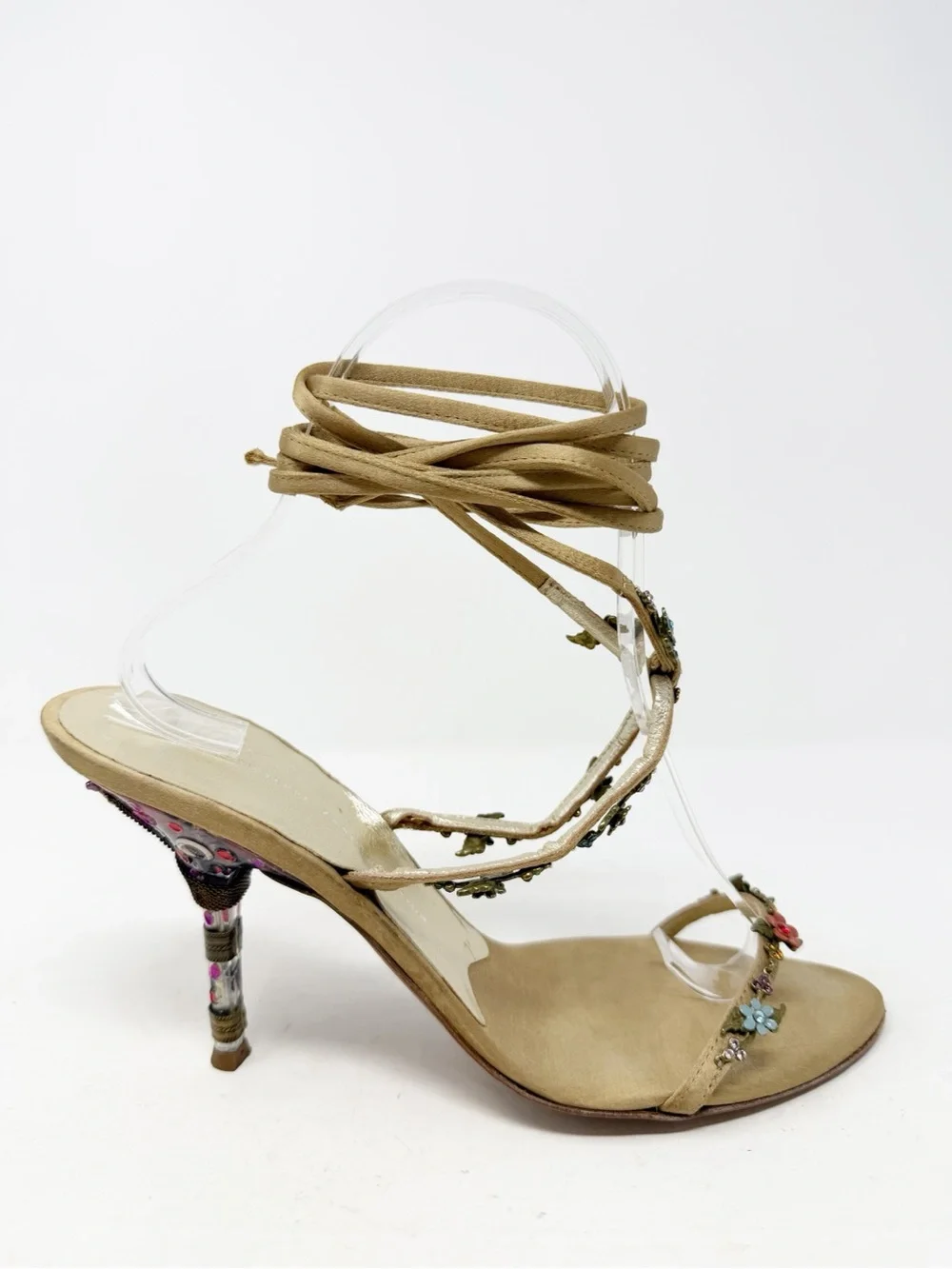Giuseppe Zanotti Satin Floral Embellished Wrap Sandal Heels Womens Size 7.5 - Picture 6 of 11